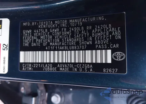 2020 Toyota Camry Xle из США, поврежденный, VIN 4T1F11AK8LU883707